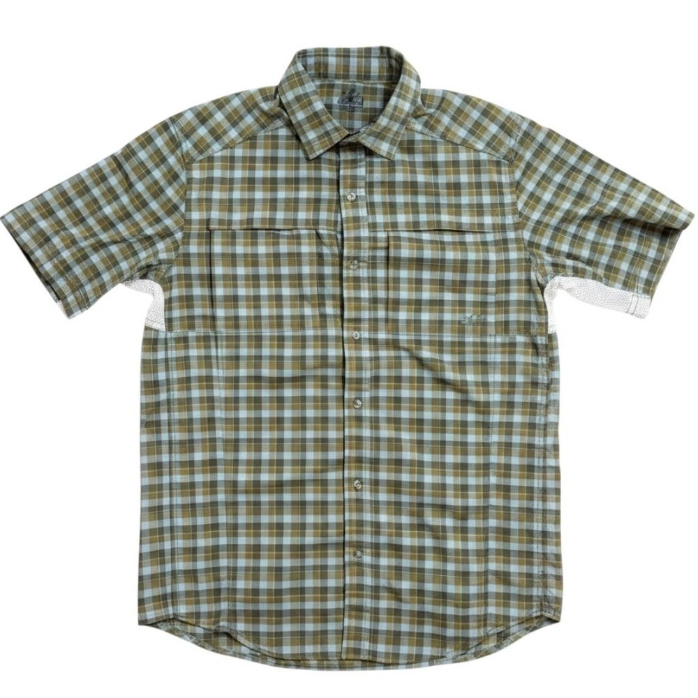REI Co-op Men Small Plaid Short Sleeve Hiking Shirt Olive Blue Mesh Vents 861663